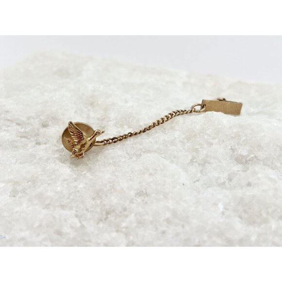 Vintage Bird Themed Men's Gold Tone Tie Tack / Pin / clip with Chain - Picture 2 of 8